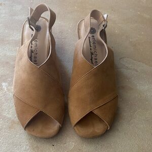 Eric Michael Tan Suede Crisscross Peep-Toe Slingback Sandals